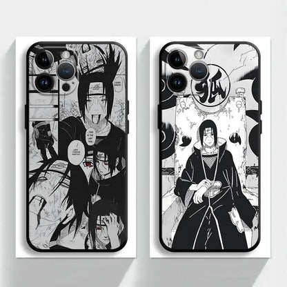 Black and white illustrated naruto uchiha itachi soft phone case made of black tpu shown from the back side