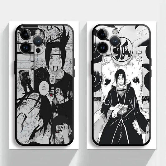 Black and white illustrated naruto uchiha itachi soft phone case made of black tpu shown from the back side