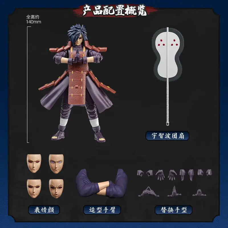 Naruto Uchiha Madara figure 140mm tall PVC model with dark purple outfit interchangeable faces and articulated limbs
