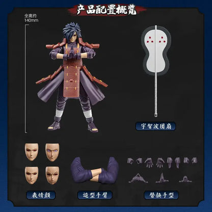 Naruto Uchiha Madara figure 140mm tall PVC model with dark purple outfit interchangeable faces and articulated limbs