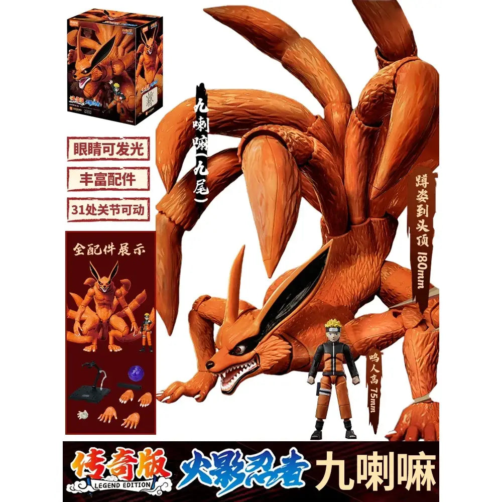 Orange highly detailed pvc naruto uchiha madara nine-tailed fox figure with articulated joints and glowing eyes
