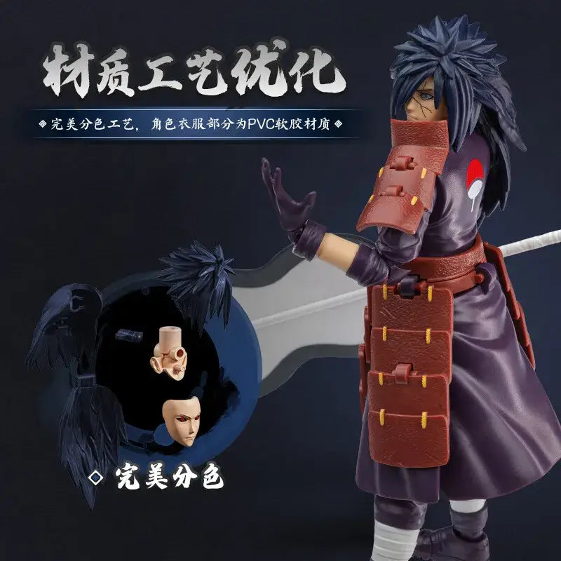 Naruto uchiha madara figure pvc model with spiky dark blue hair purple robe and brown armor with yellow straps