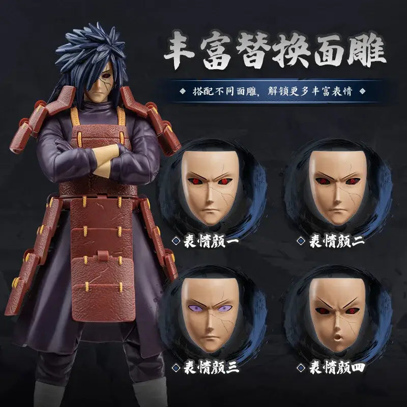 Naruto Uchiha Madara figure with spiky dark blue hair and purple attire featuring interchangeable face pieces made of PVC