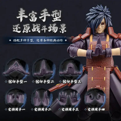 Naruto uchiha madara figure pvc model in purple and brown armor with spiky blue hair and interchangeable hands for combat poses