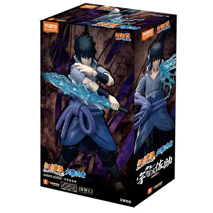 Naruto uchiha madara figure assembled pvc model featuring sasuke uchiha in blue and black with glowing cyan chakra blades in original box