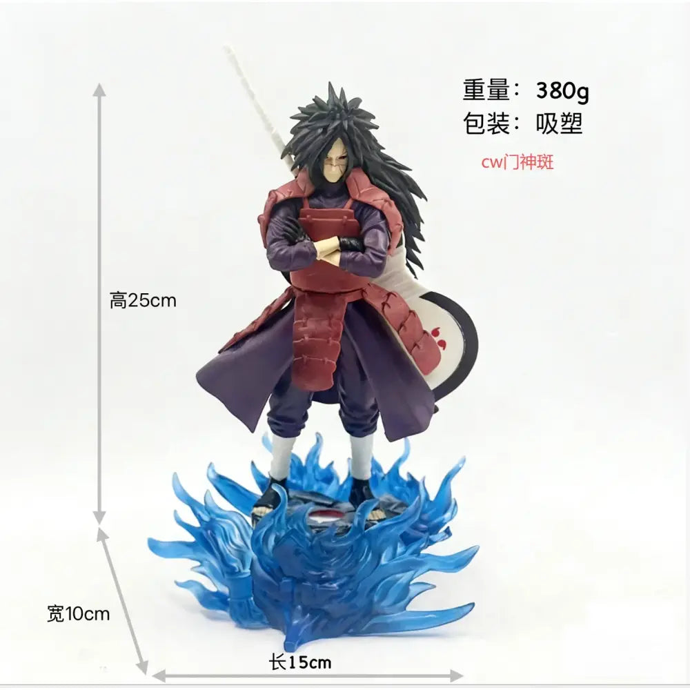 Naruto uchiha madara pvc statue standing on blue flame base with spiky black hair red and purple armor light-up 25cm