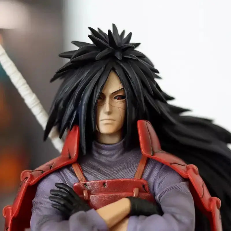 Naruto uchiha madara pvc statue with black spiky hair red armored vest purple turtleneck and black gloves light-up feature