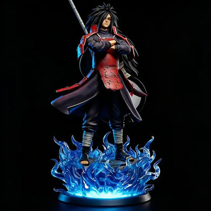 Naruto uchiha madara pvc statue with light-up blue flame base featuring black and red armor details 25cm and 42cm tall