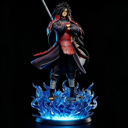 Naruto uchiha madara pvc statue with light-up blue flame base featuring black and red armor details 25cm and 42cm tall