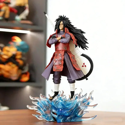 Naruto uchiha madara pvc statue featuring detailed resin, light-up effect, red and purple armor, and blue flame base