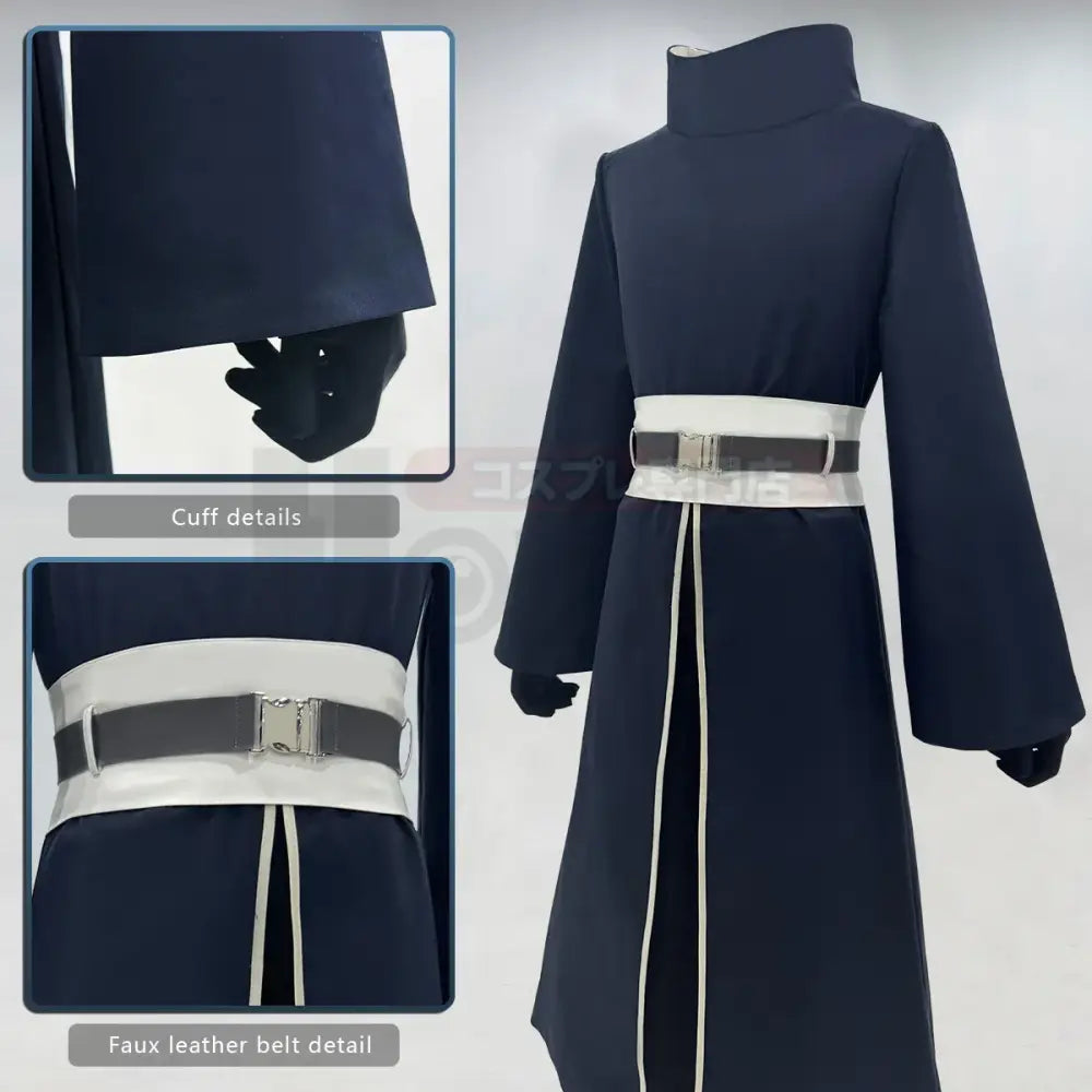 Dark navy blue long-sleeved uchiha obito cosplay robe with white belt and faux leather buckle for adult unisex use