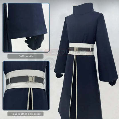 Dark navy blue long-sleeved uchiha obito cosplay robe with white belt and faux leather buckle for adult unisex use