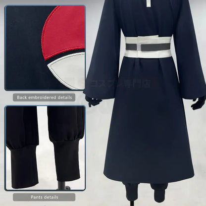 Back view of dark navy blue naruto uchiha obito cosplay robe with red white embroidered symbol paired with elastic black pants adult unisex