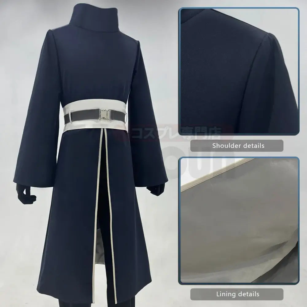 Navy blue long-sleeved coat with white belt and trim for naruto uchiha obito adult unisex cosplay costume with elastic pants