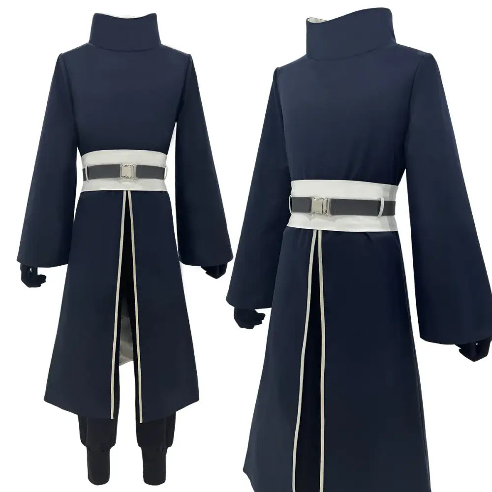 Navy blue long-sleeved uchiha obito cosplay coat with high collar and white belt trim for adult unisex costume