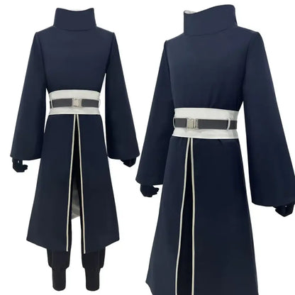 Navy blue long-sleeved coat with high collar white belt and silver buckle vertical white trim uchiha obito cosplay adult unisex