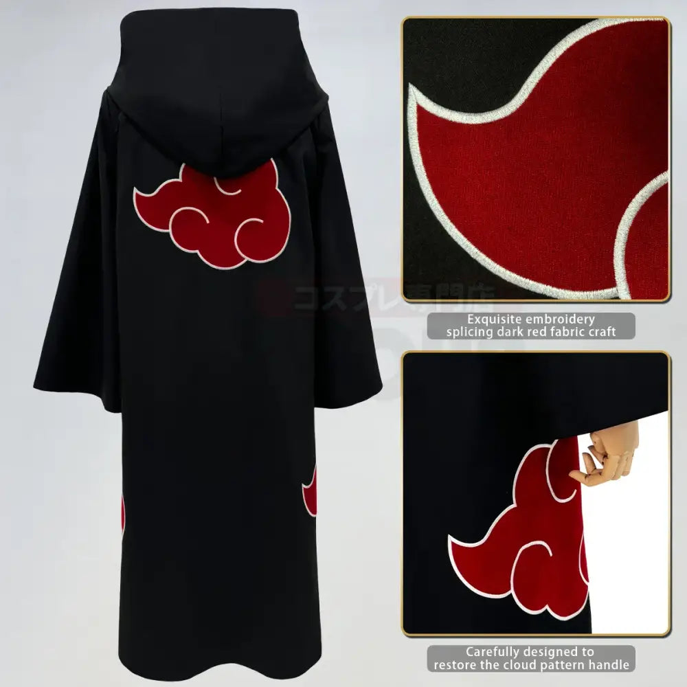 Black hooded cosplay cloak featuring red cloud emblem with white stitching from uchiha sasuke hawk team design