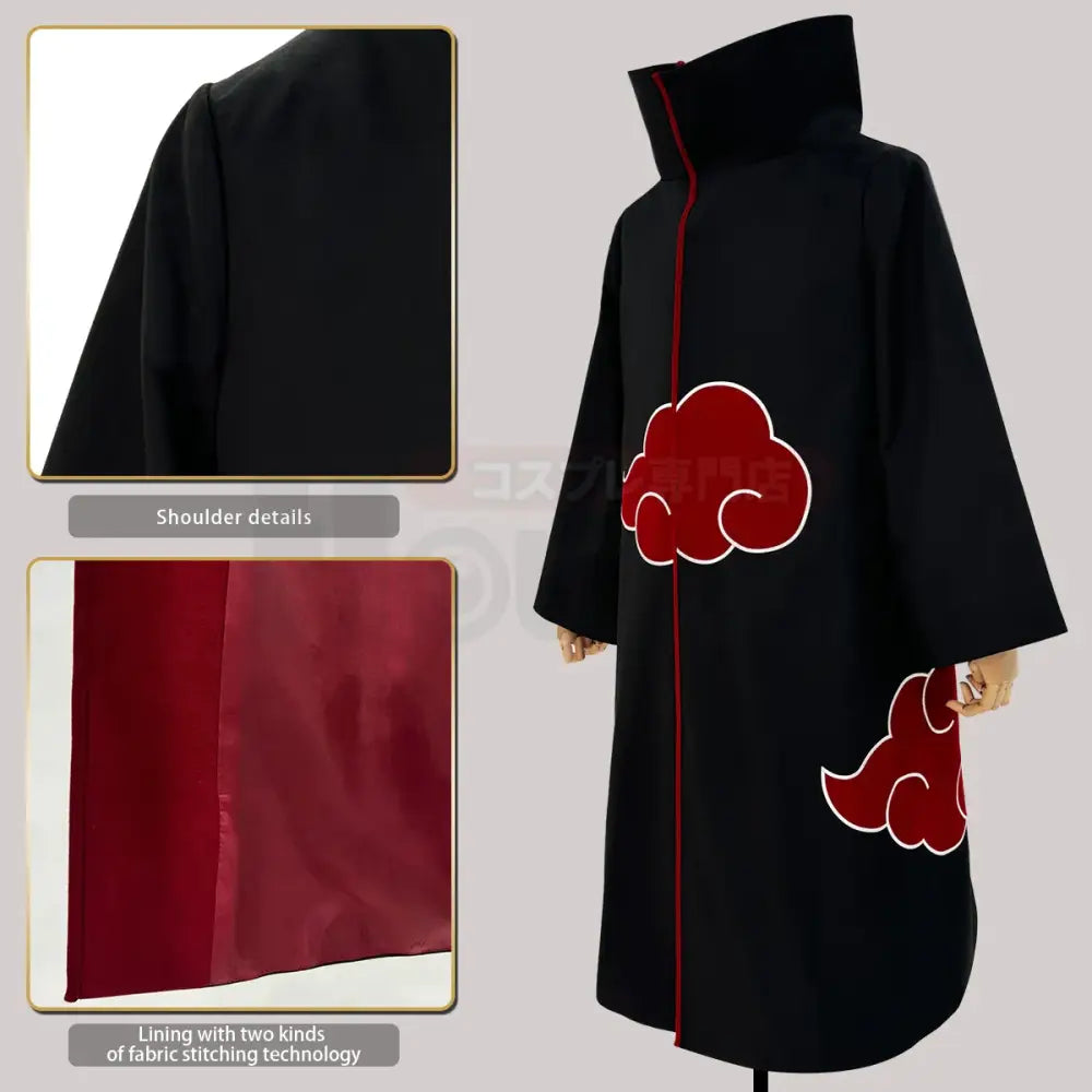 Black uchiha sasuke cosplay cloak with red cloud insignia and satin-lined interior featuring hawk team embroidery