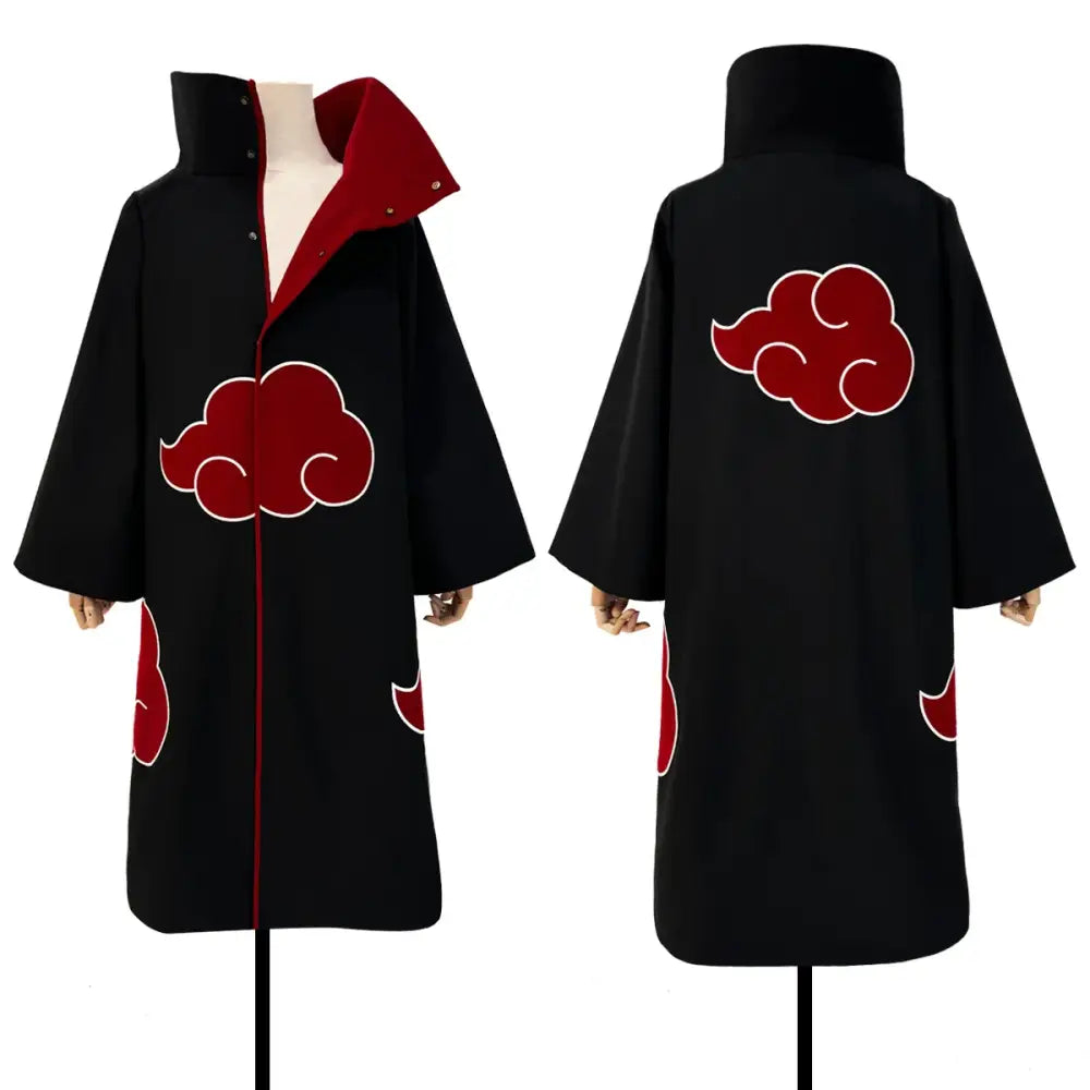Black cosplay cloak with red cloud insignia and high collar featuring uchiha sasuke hawk team embroidery lining