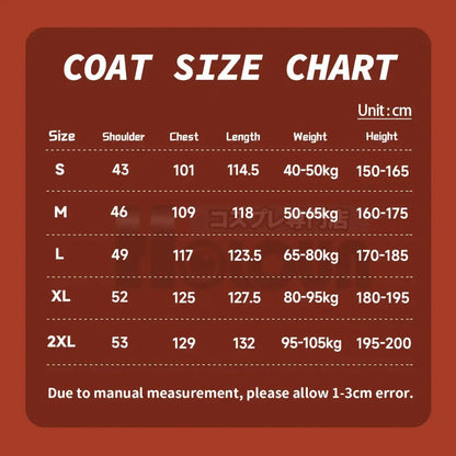 Red cosplay cloak size chart with white text showing measurements in centimeters for uchiha sasuke hawk team sizes s to 2xl