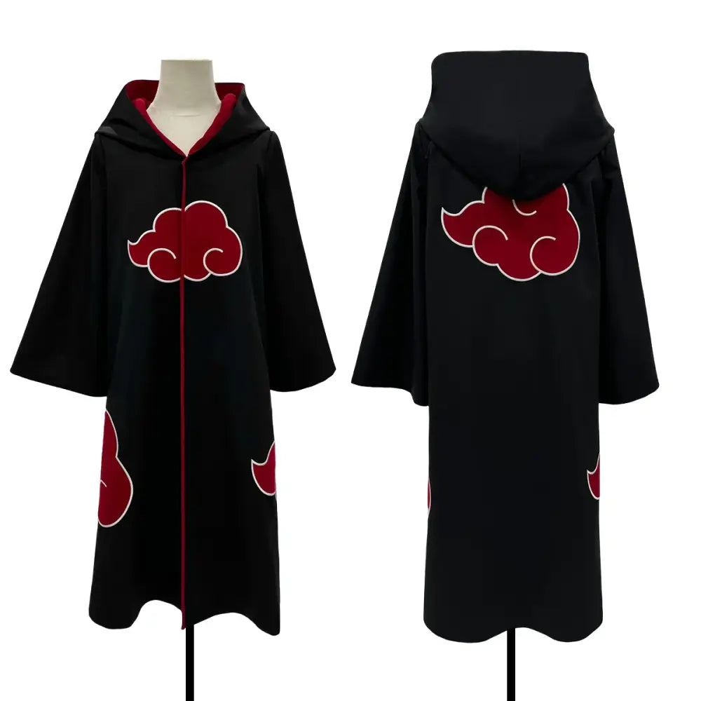 Black hooded cosplay cloak with red cloud insignia and front zipper featuring uchiha sasuke hawk team embroidery