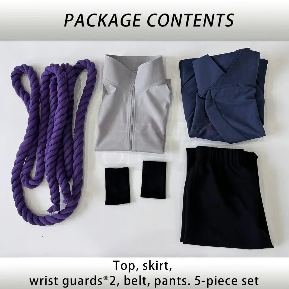 Achiha sasuke cosplay five-piece set with gray zip-up top and navy elastic waist pants for adult unisex use