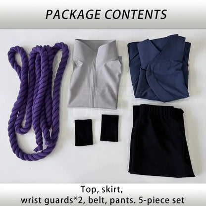 Achiha sasuke cosplay five-piece set with gray zip-up top and navy elastic waist pants for adult unisex use