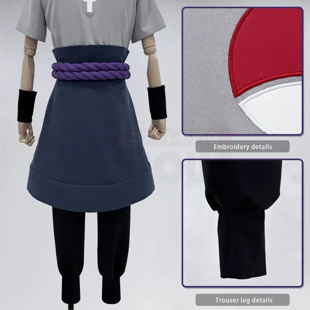 Gray and navy blue uchiha sasuke cosplay costume with purple rope belt black wristbands and red white cloud insignia