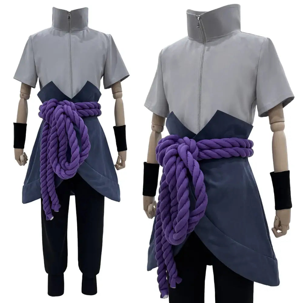 Gray and navy blue uchiha sasuke cosplay outfit with high collar short sleeves and thick purple rope belt tied in a bow