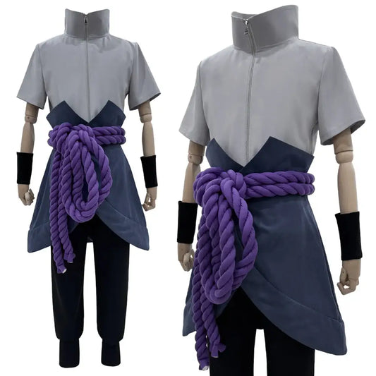 Gray and navy blue uchiha sasuke cosplay outfit with high collar short sleeves and thick purple rope belt tied in a bow