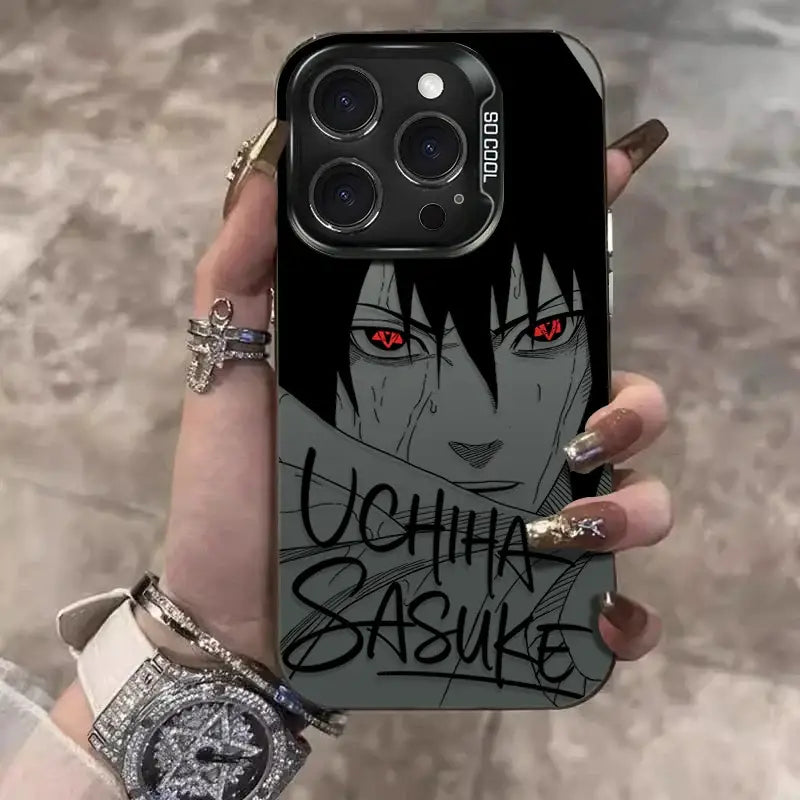 Black shockproof phone case showing stylized uchiha sasuke with red eyes and bold uchiha sasuke text on back side