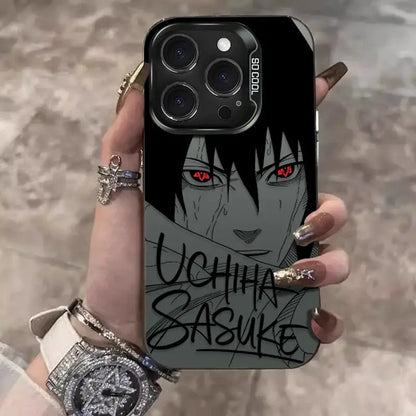 Black shockproof phone case showing stylized uchiha sasuke with red eyes and bold uchiha sasuke text on back side