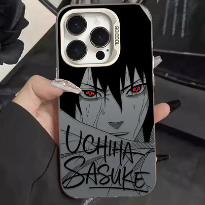 Black and gray shockproof phone case featuring naruto uchiha sasuke with red eyes and bold black lettering on back side