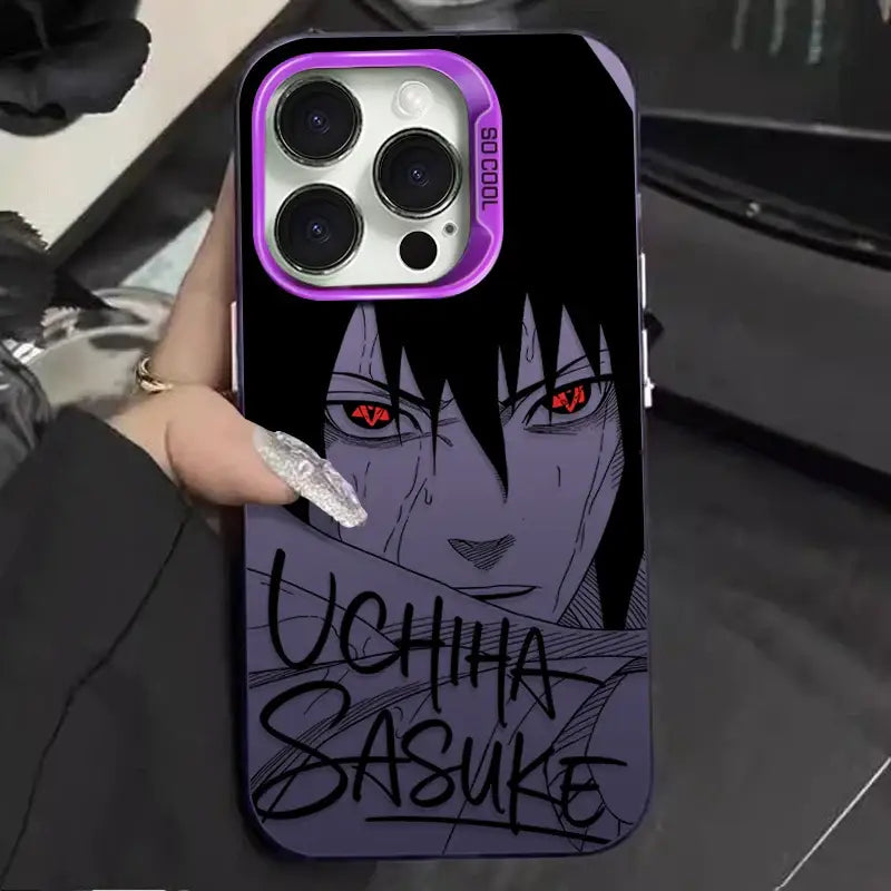 Purple-framed shockproof phone case with black and purple naruto uchiha sasuke illustration and stylized lettering on back