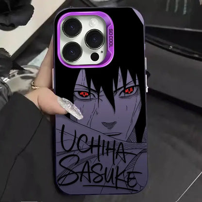 Purple-framed shockproof phone case with black and purple naruto uchiha sasuke illustration and stylized lettering on back