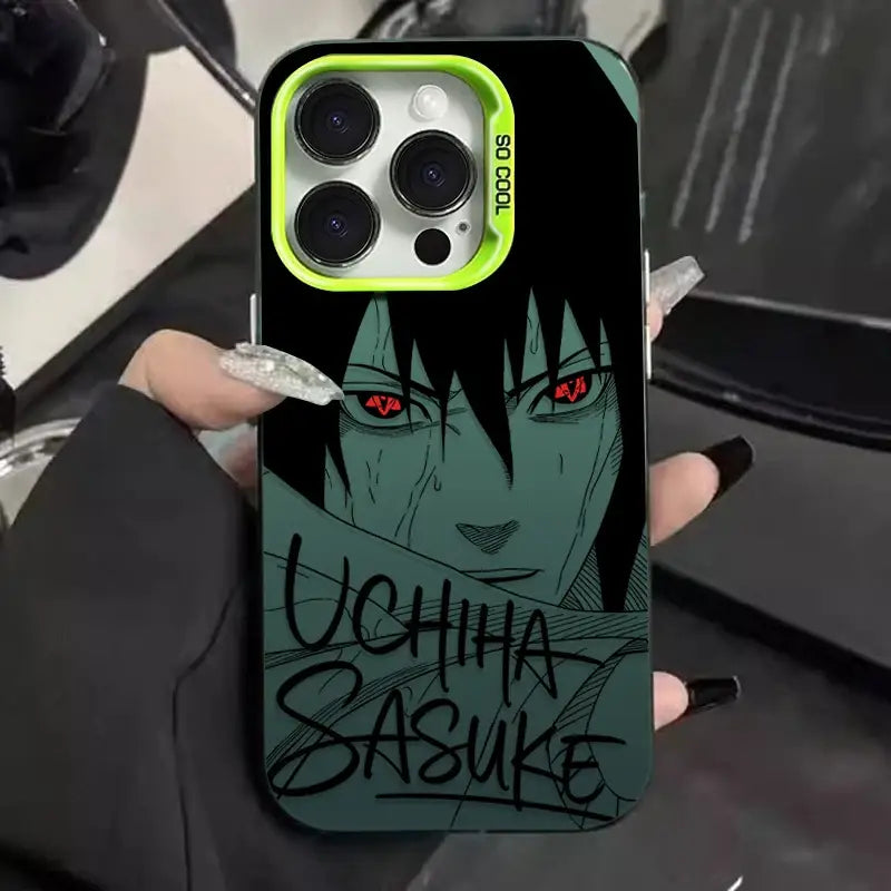 Back side of a black shockproof phone case with neon green camera cutout and naruto uchiha sasuke graphic in teal and red