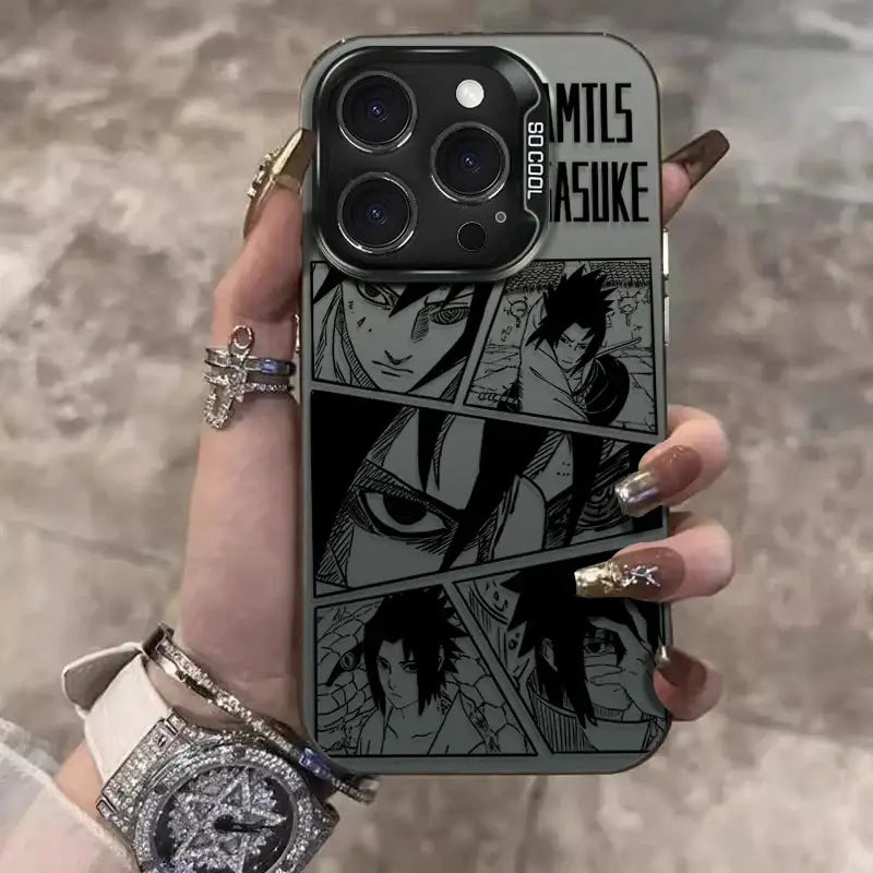 Gray shockproof phone case with black and white manga panels of uchiha sasuke and text so cool sasuke naruto uchiha sasuke
