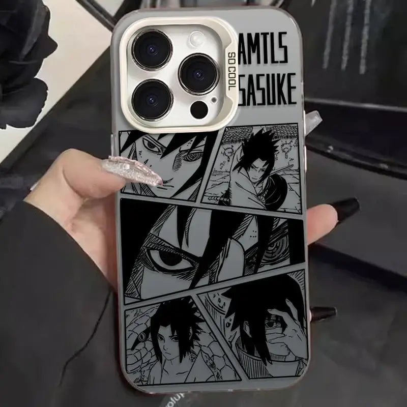 Back side of gray shockproof phone case featuring black and white manga panels of uchiha sasuke with so cool sasuke text for naruto uchiha sasuke fans