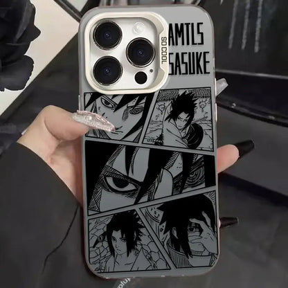Back side of gray shockproof phone case featuring black and white manga panels of uchiha sasuke with so cool sasuke text for naruto uchiha sasuke fans