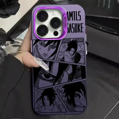 Purple shockproof phone case with black and white naruto uchiha sasuke anime panels and matching purple camera ring back view