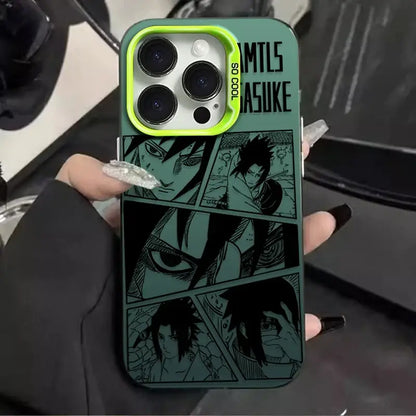 Back side of a teal shockproof phone case with lime green camera cutout featuring black naruto uchiha sasuke manga art and text