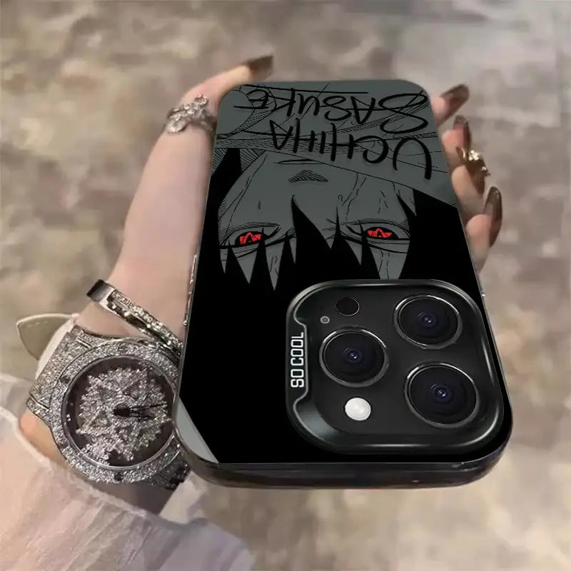 Black naruto uchiha sasuke shockproof phone case with red eyes graphic and stylized text designed for iphone back side