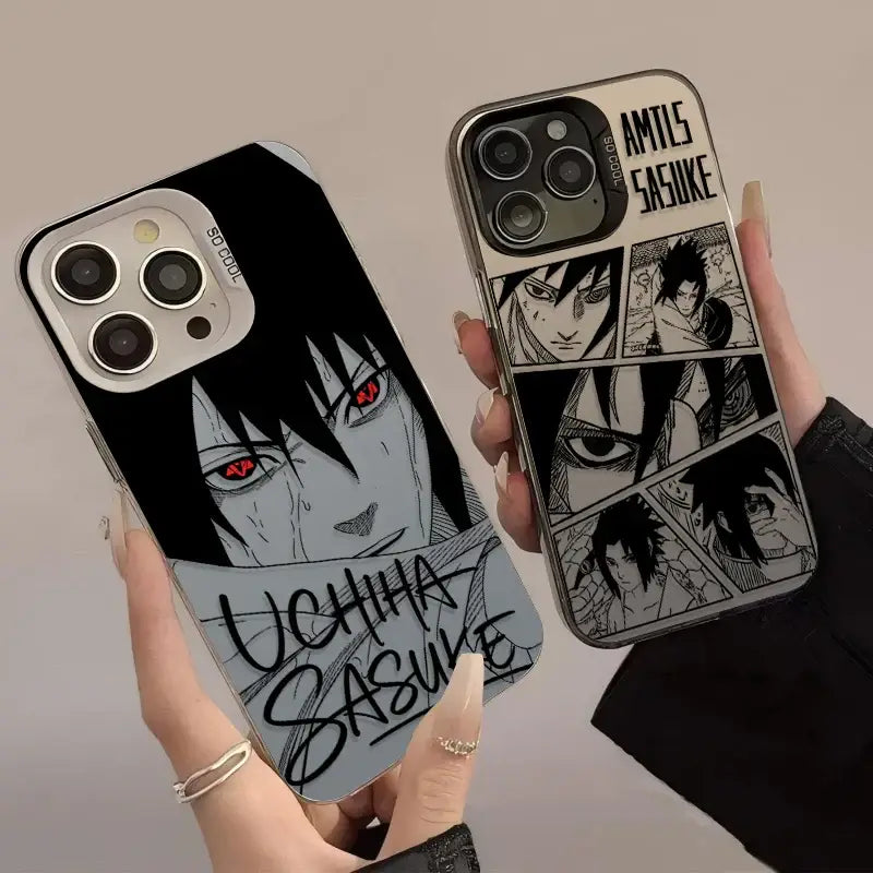 Two black and white naruto uchiha sasuke shockproof phone cases featuring full-face and comic panel designs on the back