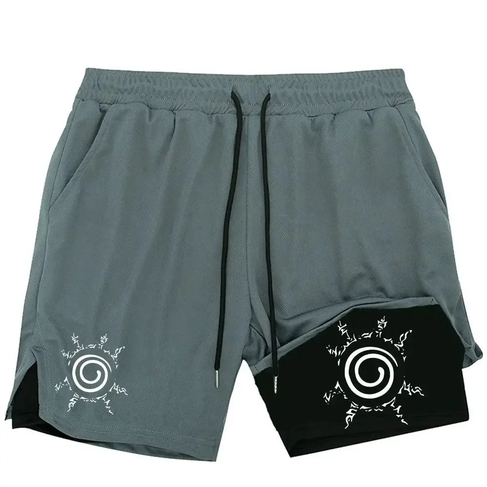 Gray naruto uzumaki 2-in-1 running shorts with black inner layer and white spiral embroidery for quick-dry gym use