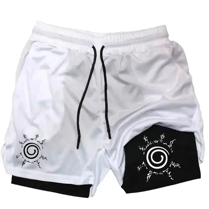 White and black two-tone quick-dry athletic shorts with spiral emblems and contrasting drawstrings for men’s gym use