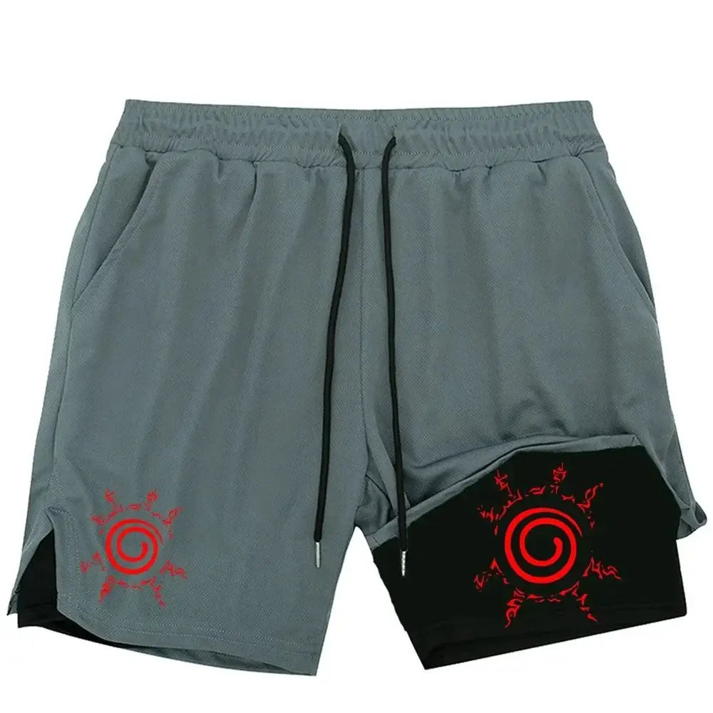Gray and black two-tone quick-dry naruto uzumaki 2-in-1 running shorts with red spiral embroidery for men’s gym use