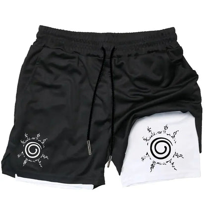 Naruto uzumaki black and white two-tone quick-dry 2-in-1 running shorts with spiral emblem on each leg for gym use
