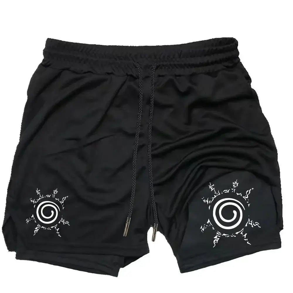 Black naruto uzumaki 2-in-1 quick-dry running shorts with white spiral designs elastic waistband and drawstring