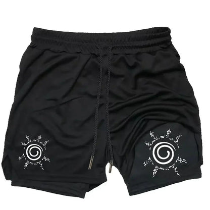 Black naruto uzumaki 2-in-1 quick-dry running shorts with white spiral designs elastic waistband and drawstring