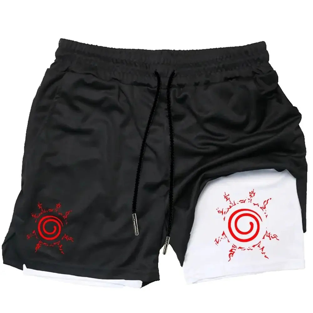 Black and white two-tone quick-dry naruto uzumaki 2-in-1 running shorts with red spiral logos for men